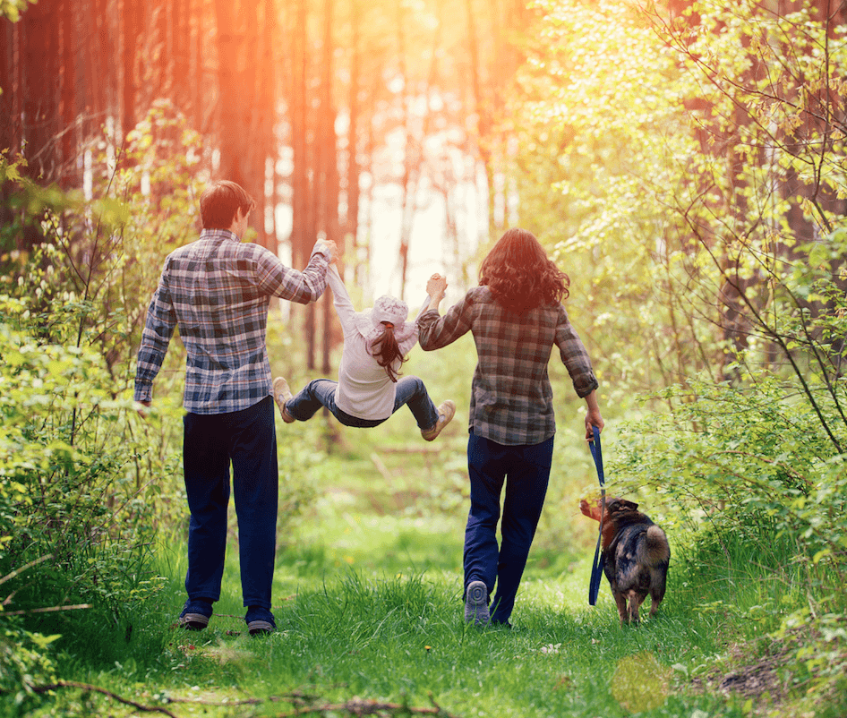 couple with kid and dog in the woods